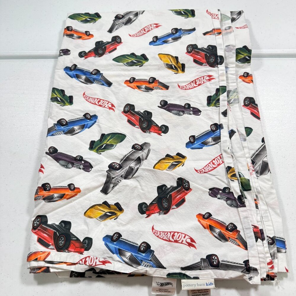 Pottery Barn Kids Twin Flat Sheet Hot Wheels organic cotton red blue cars race